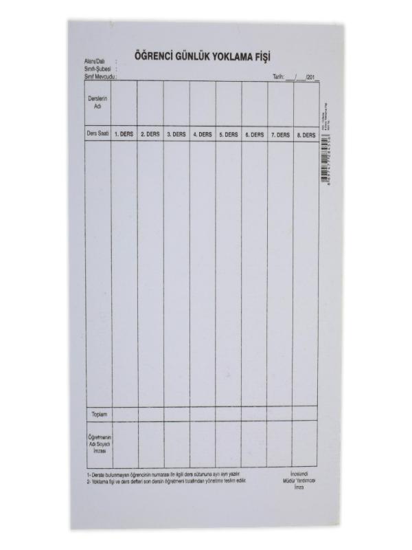 GÜLPAŞ 8 DERSLİK ÖĞRENCİ YOKLAMA FİŞİ 100 LÜK 12X17 455