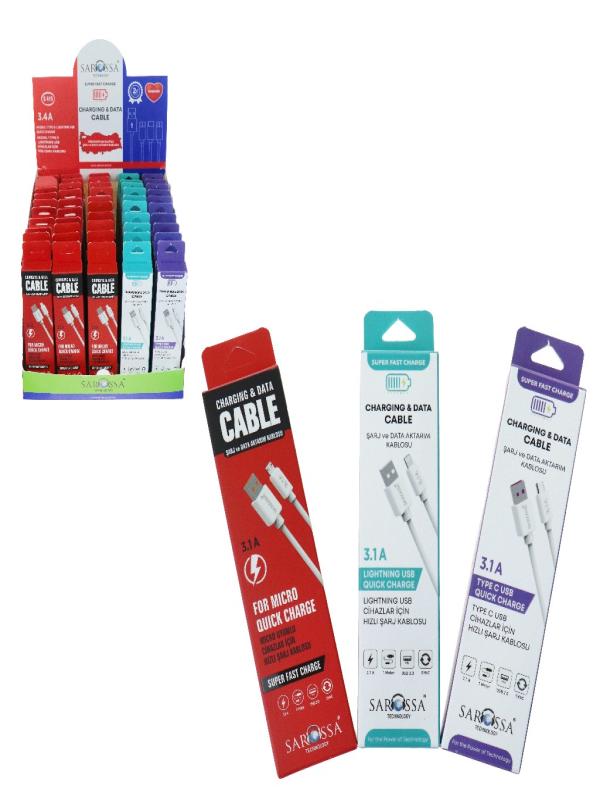 SAROSSA TELEFON KABLO 50 Lİ STAND (LIGTNING-TYPE C-MİCRO) S415