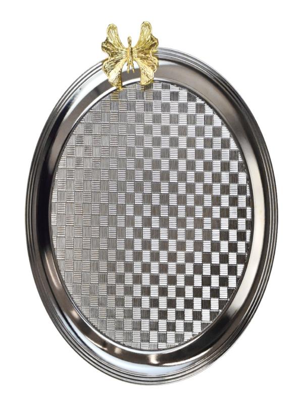 YUVARLAK DAMA DESENLİ KELEBEKLİ TEPSİ GÜMÜŞ CKR-3268