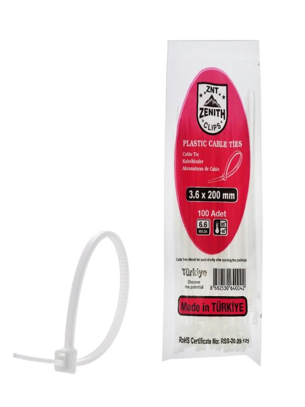 ZENITH KABLO BAĞI  CIRT KELEPÇE 3,6*200 MM BEYAZ PK:100