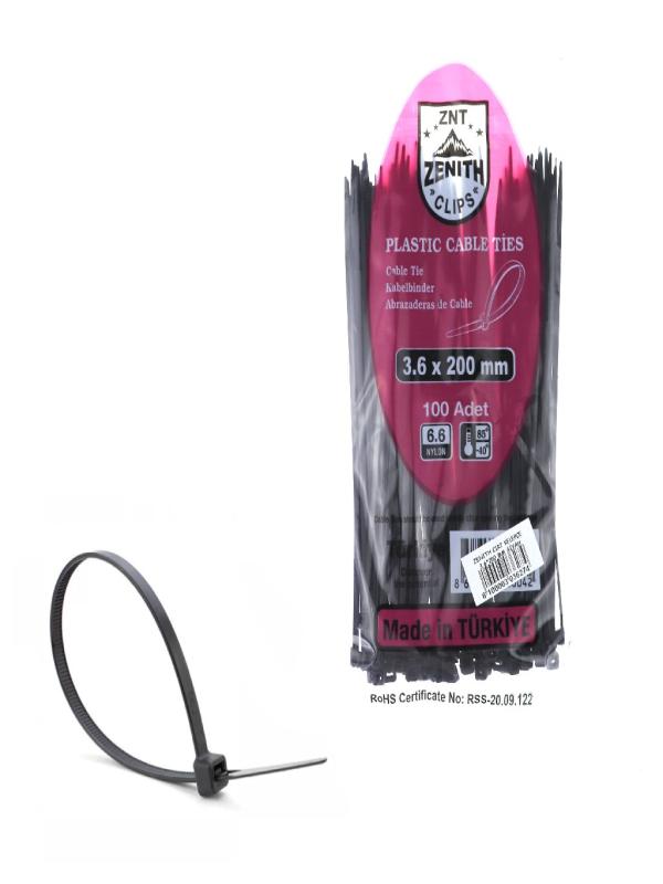 ZENITH KABLO BAĞI  CIRT KELEPÇE 3,6*200 MM SİYAH PK:100