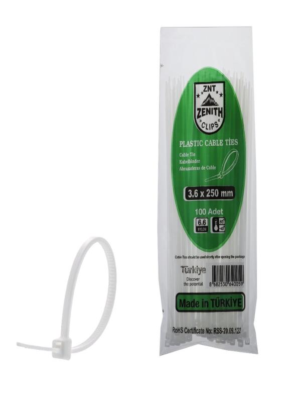 ZENITH KABLO BAĞI  CIRT KELEPÇE 3,6*250 MM BEYAZ PK:100