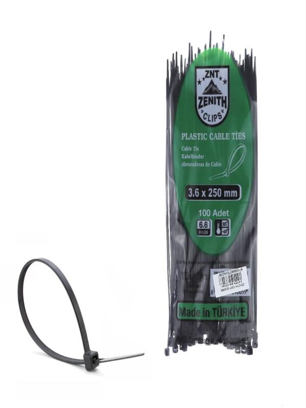 ZENITH KABLO BAĞI  CIRT KELEPÇE 3,6*250 MM SİYAH PK:100