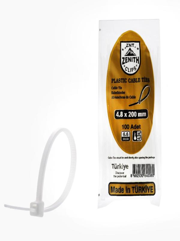ZENITH KABLO BAĞI  CIRT KELEPÇE 4,8*200 MM BEYAZ PK:100