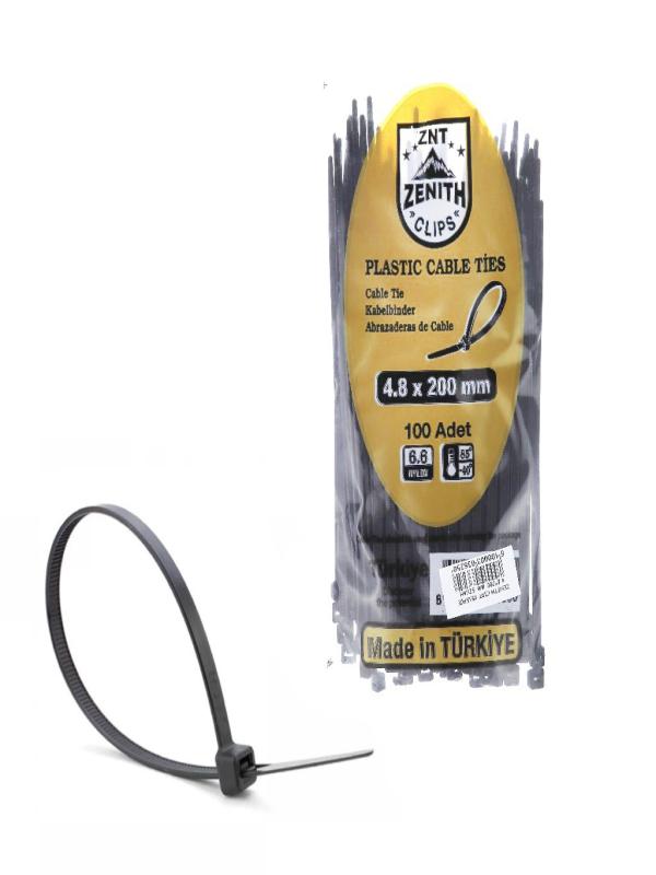 ZENITH KABLO BAĞI  CIRT KELEPÇE 4,8*200 MM SİYAH PK:100