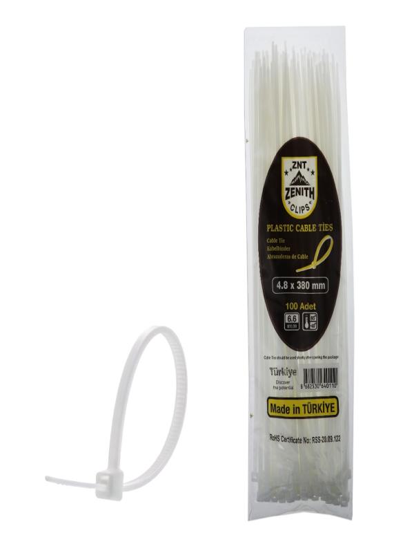 ZENITH KABLO BAĞI &amp;amp; CIRT KELEPÇE 4,8*380 MM BEYAZ PK:100